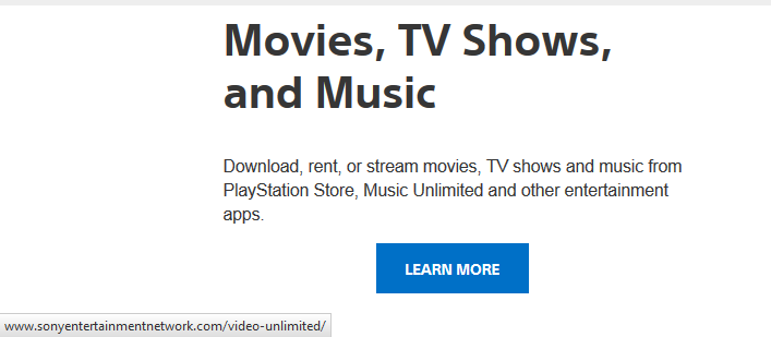 The Playstation TV page mentions only Sony's services for Video and Music. The "Learn More" button points to the Sony "unlimited" service. No mention about Netflix, Hulu, Youtube, etc...