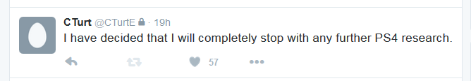 "I have decided that I will stop any further PS4 Research", from CTurt on twitter, Dec 17, 2015