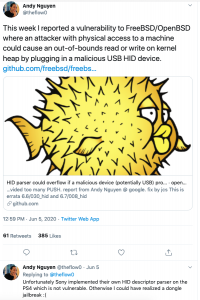 PlayStation 4 News: TheFlow reports that a dongle jailbreak could not be made with a recent vulnerability found in FreeBSD due to Sony implementing their own HID descriptor - No updates on upcoming FW 6.20 hack