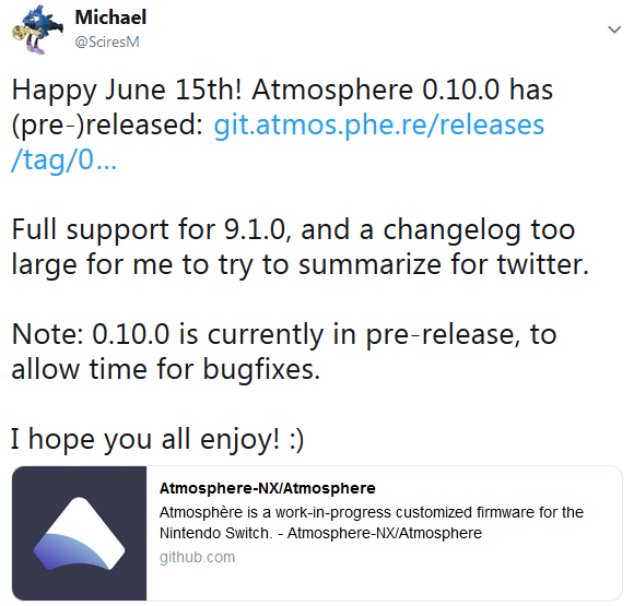 Switch News Atmosphère 0.10.0 publiée avec le support FW 9.1.0, optimisation de l